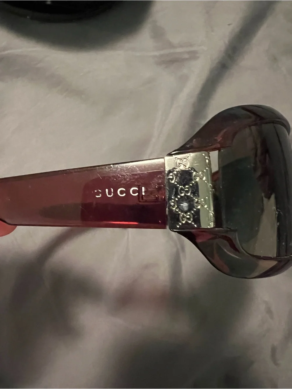 Gucci Women's Transparent Burgundy Sunglasses with Silver GG Temple